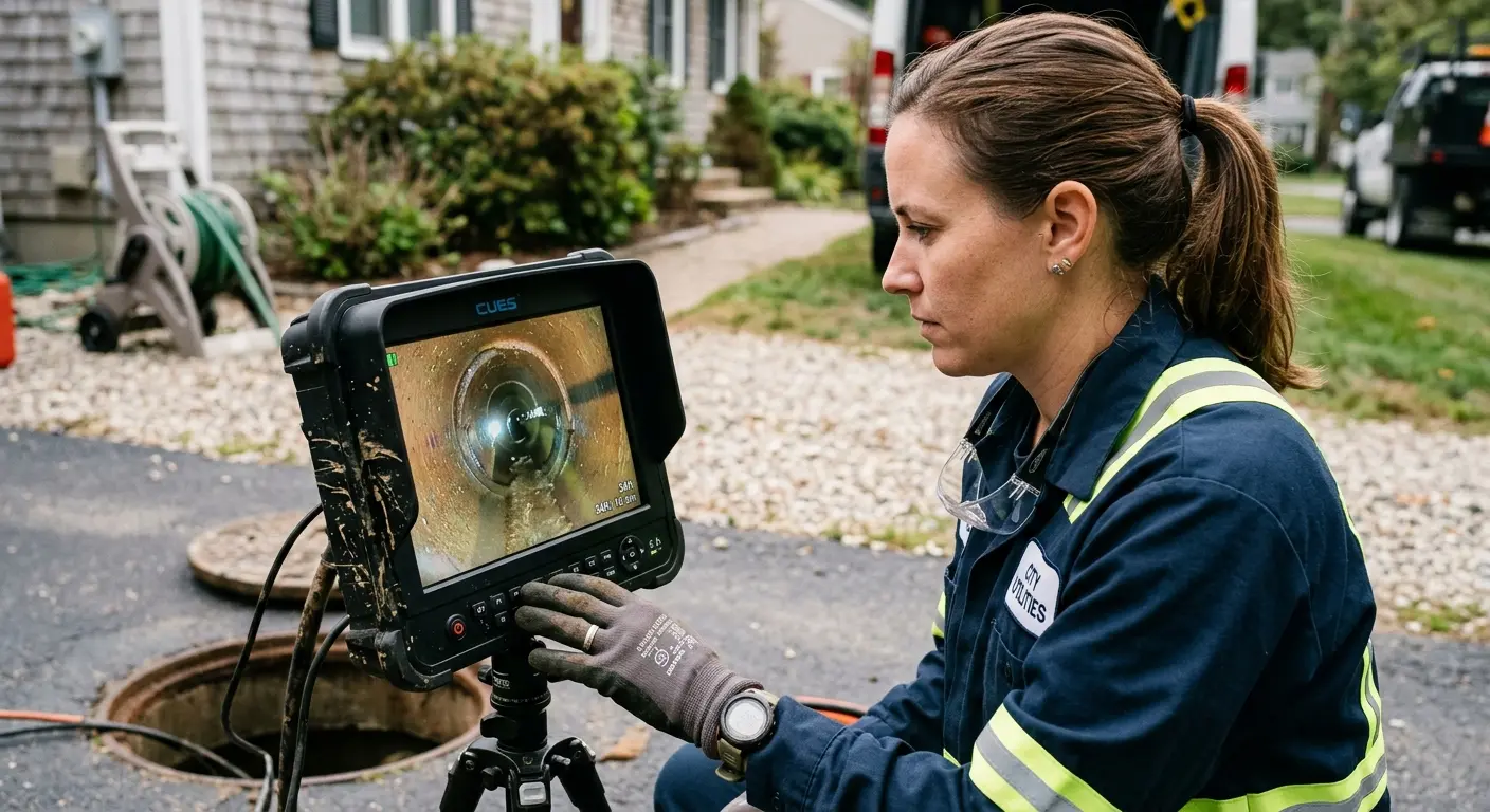 Technician reviewing sewer camera inspection footage in Coldwater