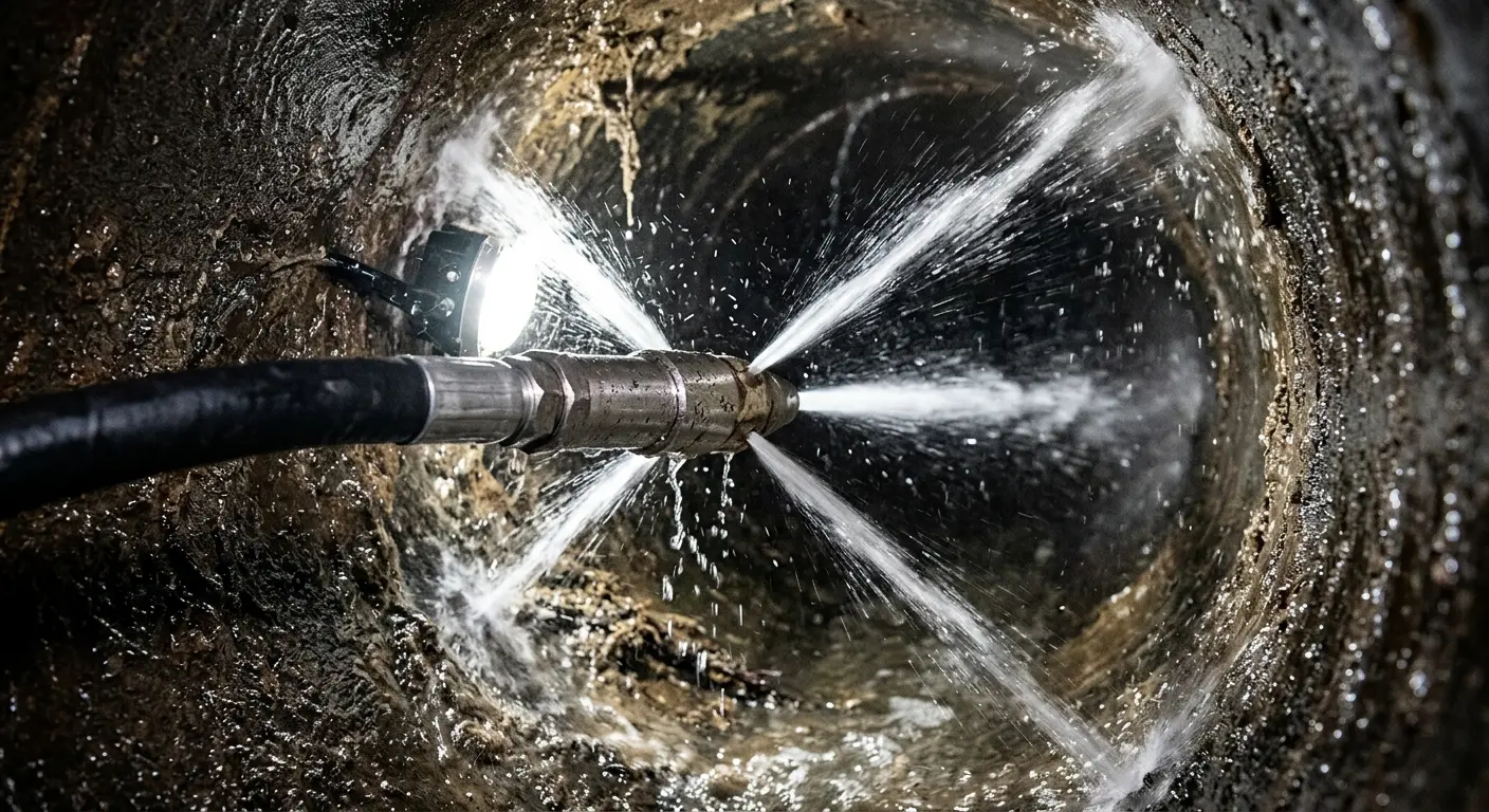 High-pressure hydro jetting nozzle cleaning sewer pipe for Emergency Drain Service in Coldwater