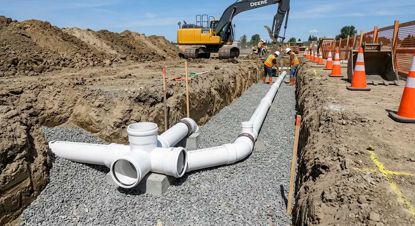 New PVC sewer pipe installation in open trench for Commercial Drain Cleaning in Coldwater