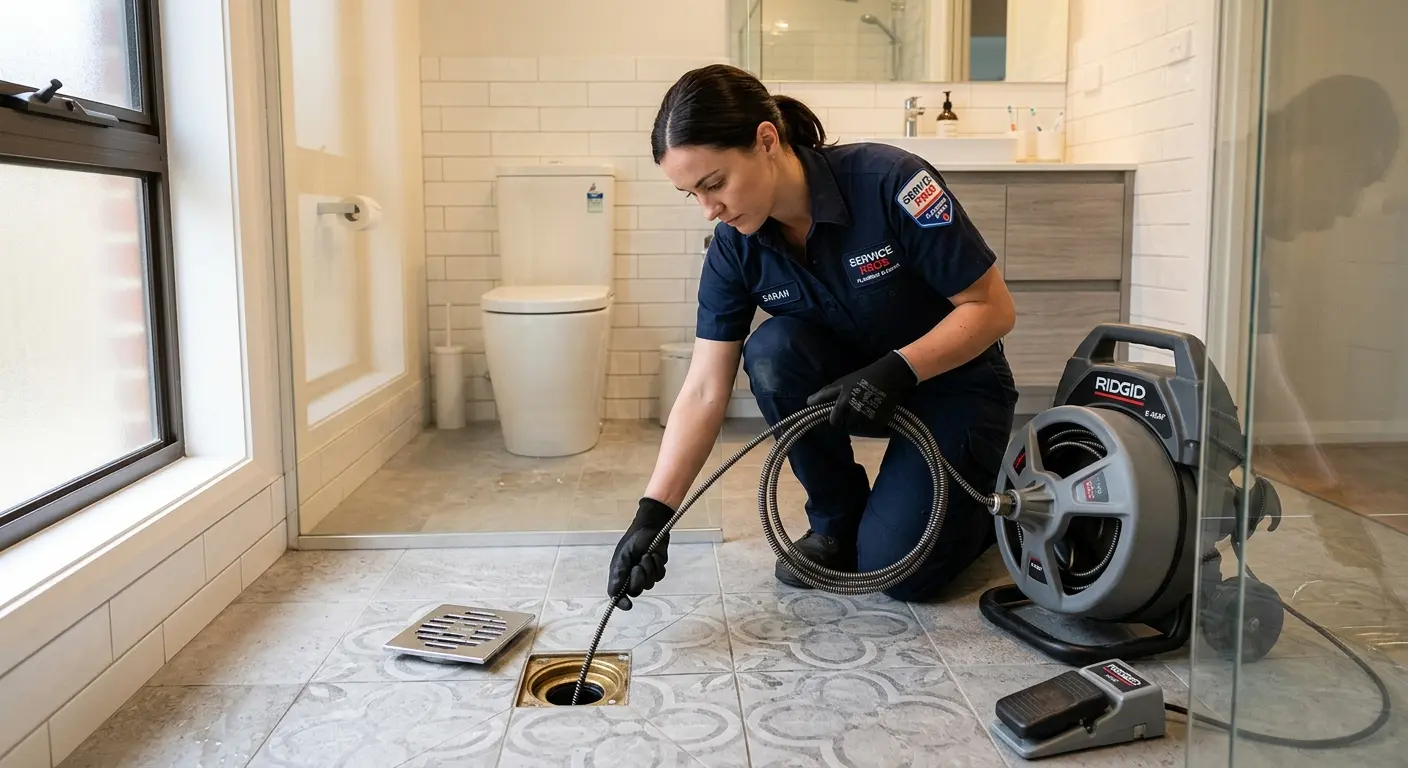 Technician clearing a bathroom floor drain for Hydro Jetting in Coldwater